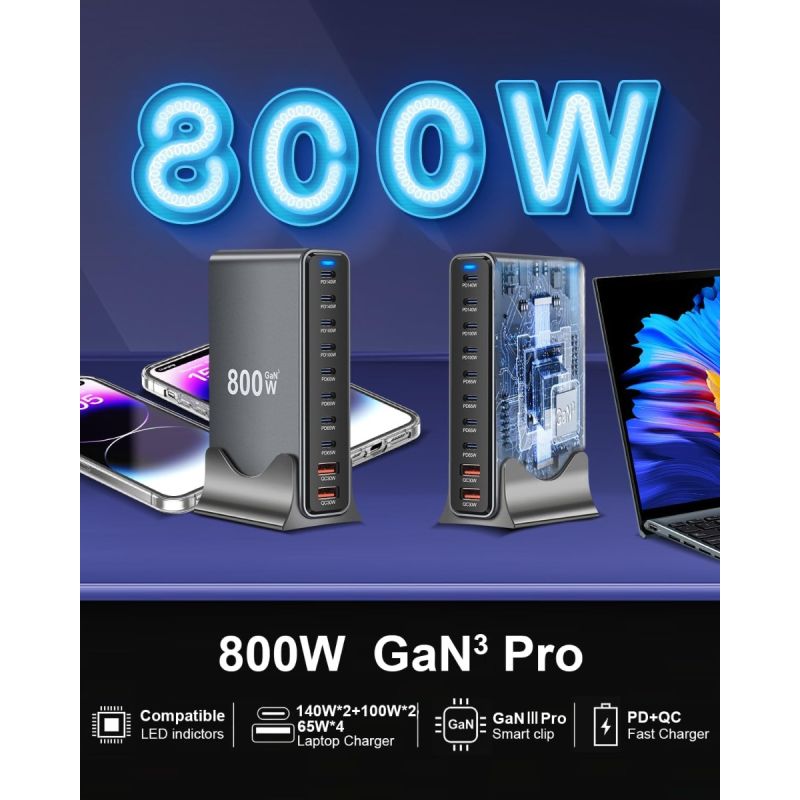 800W USB C GaN III Pro Rýchlonabíjačka: 10-portová nabíjačka s duálnym 140W PD PPS