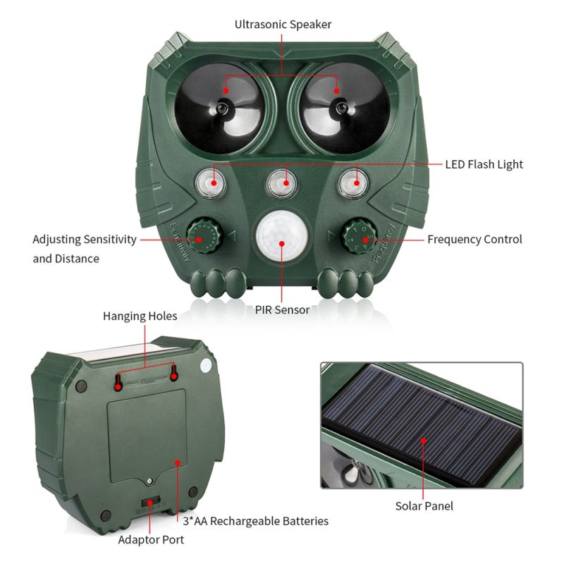 Odpudzovač zvierat ultrazvukový solárne napájanie IP44 odpudzovač vtákov psov mačiek humánny kontrola škodcov