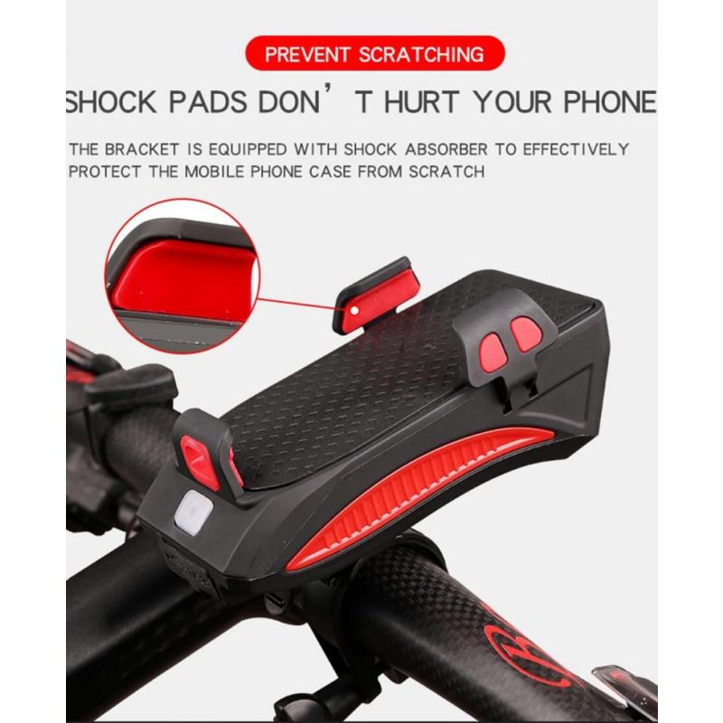 Viacúčelové cyklistické svetlo 4 v 1 MTB s húkačkou USB nabíjateľná lampa držiak na telefón powerbank