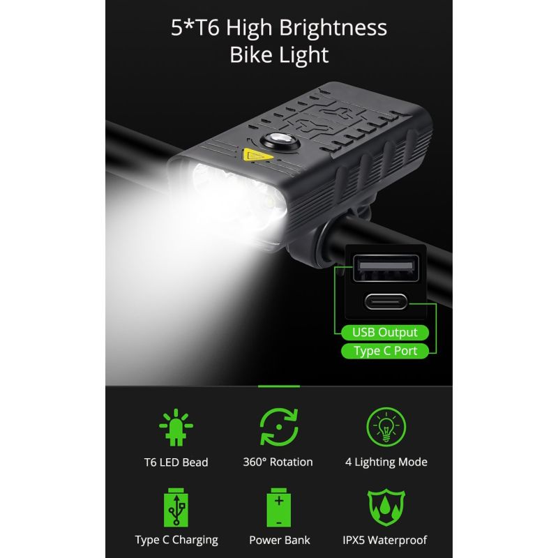 TK5 Predné svetlá na nočné jazdenie 5x T6 5000 lumenov USB nabíjateľné hliníková zliatina viacero režimov
