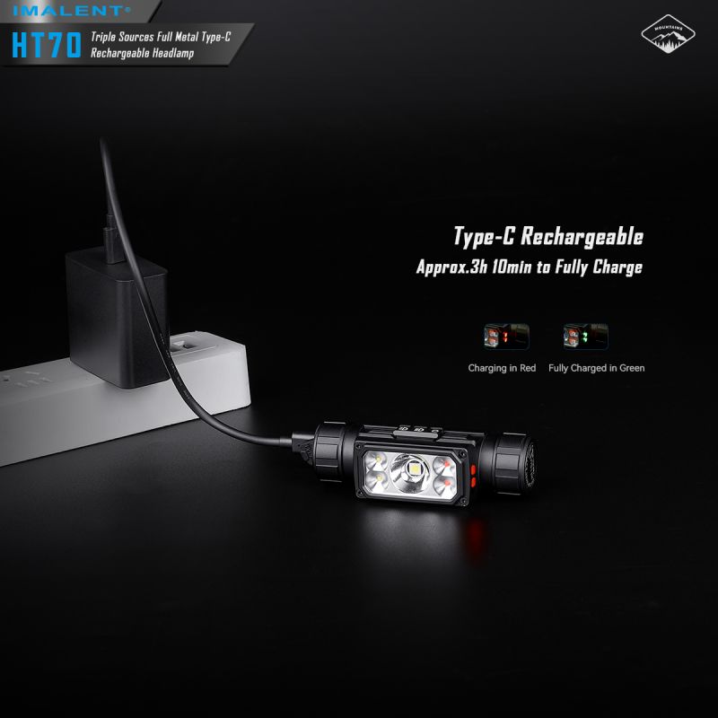 Dobrodružná čelovka IMALENT HT70 3500 lúmenov XHP50.3 HI LED s tromi zdrojmi svetla pre vonkajšie osvetlenie