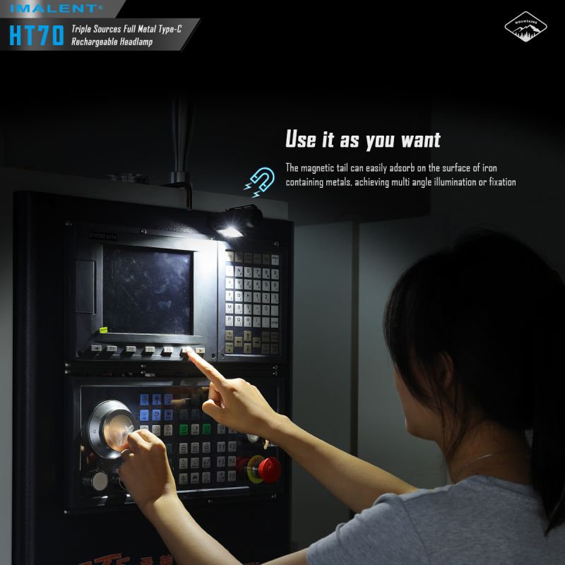 Dobrodružná čelovka IMALENT HT70 3500 lúmenov XHP50.3 HI LED s tromi zdrojmi svetla pre vonkajšie osvetlenie