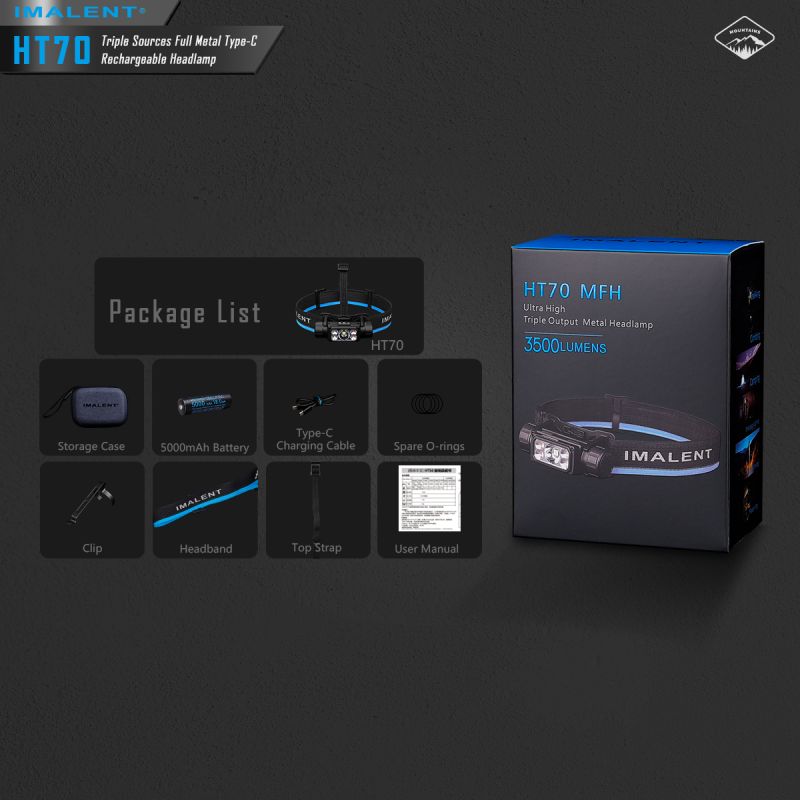 Dobrodružná čelovka IMALENT HT70 3500 lúmenov XHP50.3 HI LED s tromi zdrojmi svetla pre vonkajšie osvetlenie
