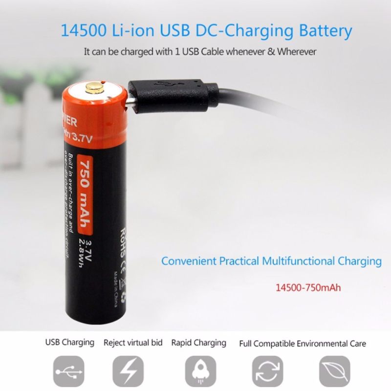 DoublePow 14500 750mAh ekologická batéria s LED indikátorom Micro USB nabíjateľná 3.7V Li-ion batéria na kempovanie