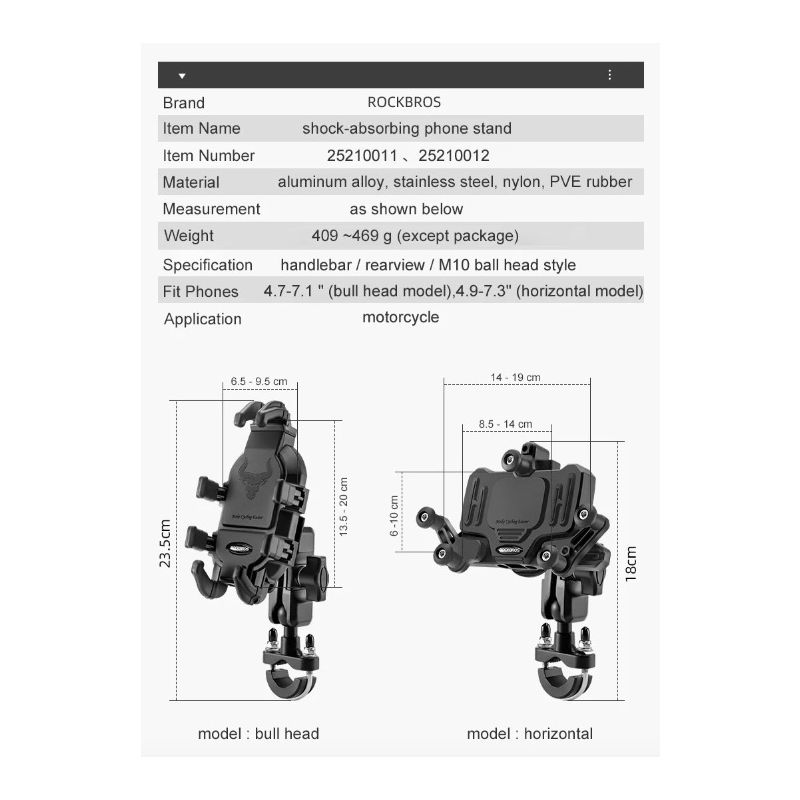 ROCKBROS držiak telefónu na bicykel nastaviteľný hliníkový držiak s tlmením nárazov pre motocykle