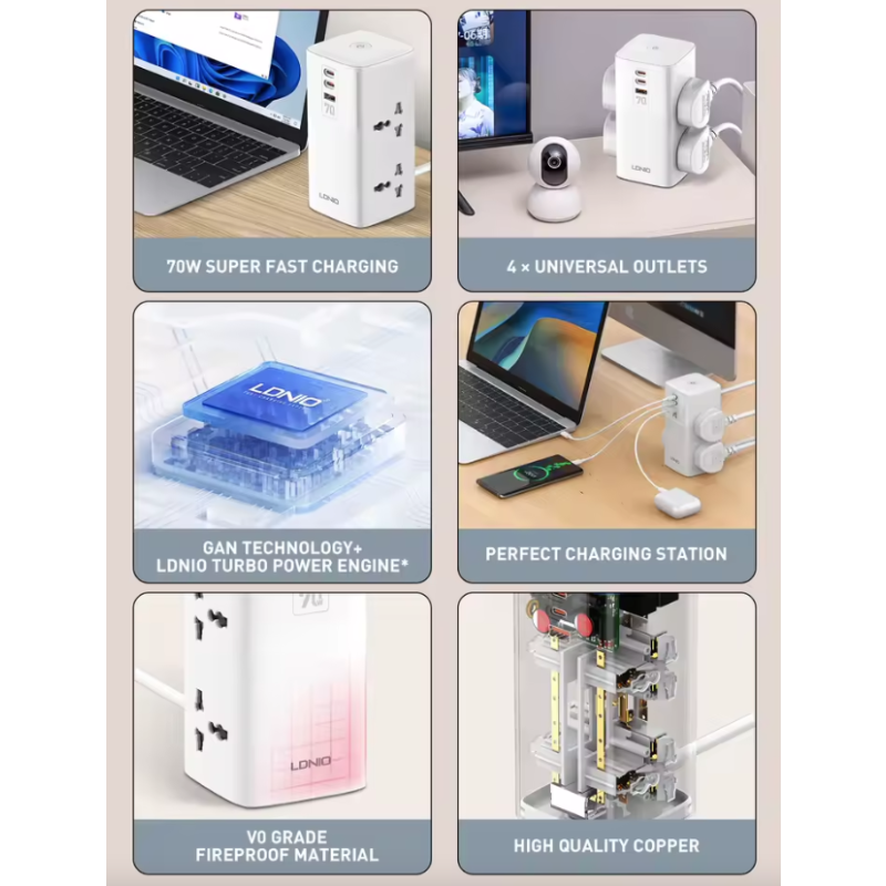 LDNIO Veža Power Strip 70W USB-C Nabíjacia Stanica. Kompaktná Kocka s 4 Zásuvkami & Prepäťovou Ochranou!