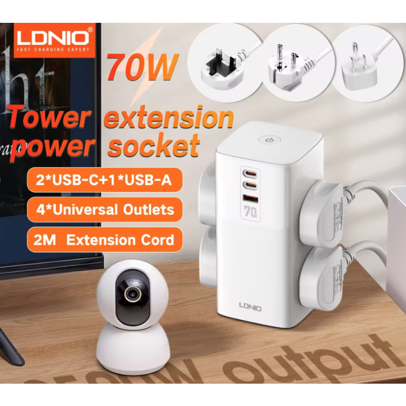 LDNIO Veža Power Strip 70W USB-C Nabíjacia Stanica. Kompaktná Kocka s 4 Zásuvkami & Prepäťovou Ochranou!