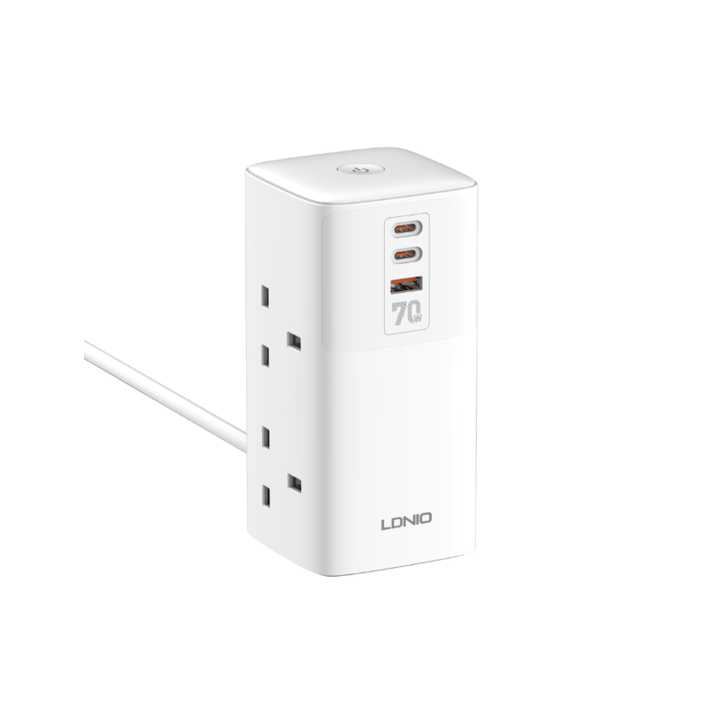 LDNIO Veža Power Strip 70W USB-C Nabíjacia Stanica. Kompaktná Kocka s 4 Zásuvkami & Prepäťovou Ochranou!