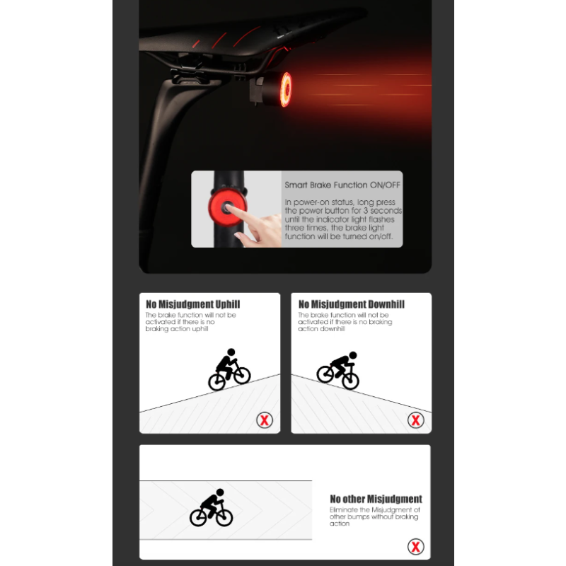 Gaciron LOOP-100 zadné svetlá na bicykel s brzdovým senzorom vysoký jas a hliníková zliatina pre bezpečnosť