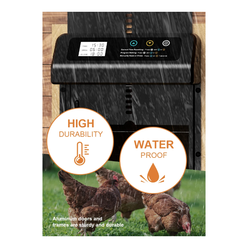 Automatický otvárač dvierok pre kurníky s časovačom Odolnosť voči poveternostným vplyvom Nerezová oceľ