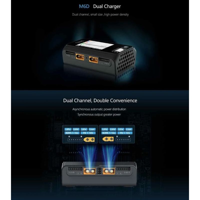 ToolkitRC M6D 500W 15A dvojkanálová MINI nabíjačka pre LiPo Lion rýchle nabíjanie a vysoký výkon