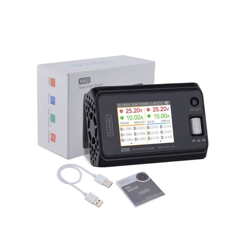 ToolkitRC M6D 500W 15A dvojkanálová MINI nabíjačka pre LiPo Lion rýchle nabíjanie a vysoký výkon