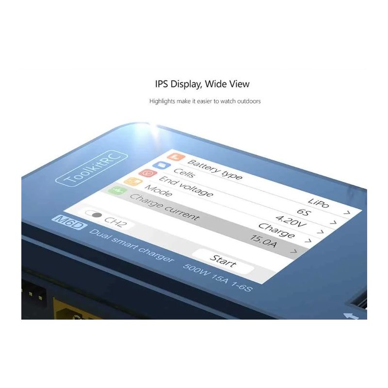 ToolkitRC M6D 500W 15A dvojkanálová MINI nabíjačka pre LiPo Lion rýchle nabíjanie a vysoký výkon