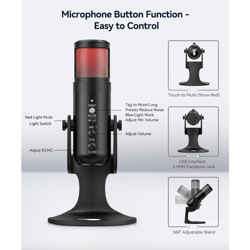 MU900PRO RGB USB mikrofón profesionálny kardioidný s dynamickým RGB osvetlením na podcasting a streamovanie