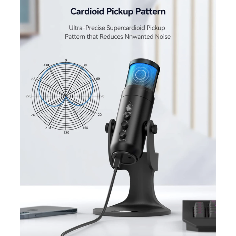 MU900PRO RGB USB mikrofón profesionálny kardioidný s dynamickým RGB osvetlením na podcasting a streamovanie