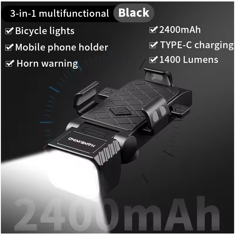 Bezpečná jazda! Predné svetlo na bicykel 3 v 1: húkačka, držiak na mobil, USB-C. Multifunkčné cyklosvetlo.
