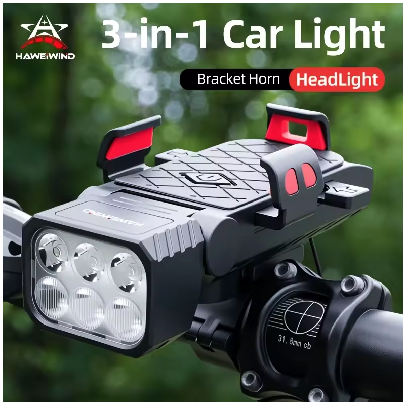 Bezpečná jazda! Predné svetlo na bicykel 3 v 1: húkačka, držiak na mobil, USB-C. Multifunkčné cyklosvetlo.