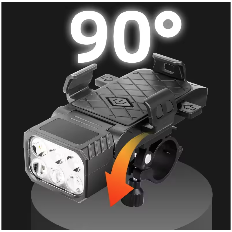 Bezpečná jazda! Predné svetlo na bicykel 3 v 1: húkačka, držiak na mobil, USB-C. Multifunkčné cyklosvetlo.