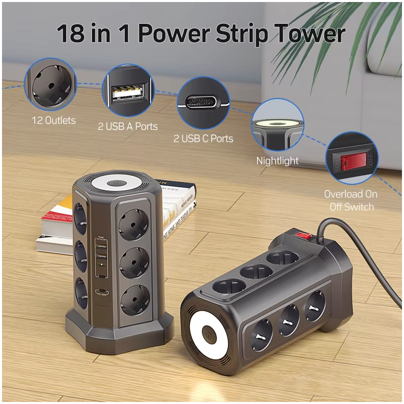 XT-G3211 Predlžovací Kábel s Prepäťovou Ochranou 4000W 16A, USB Nabíjačka, nočné svetlo, EU Multi-zásuvka