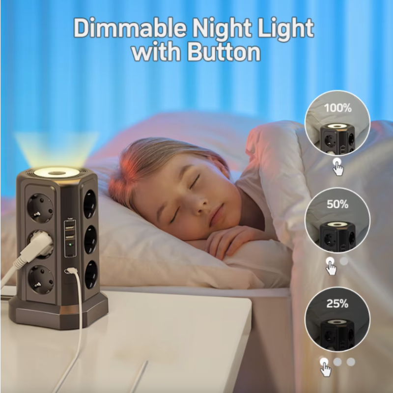 XT-G3211 Predlžovací Kábel s Prepäťovou Ochranou 4000W 16A, USB Nabíjačka, nočné svetlo, EU Multi-zásuvka