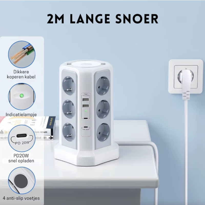 XT-G3211 Predlžovací Kábel s Prepäťovou Ochranou 4000W 16A, USB Nabíjačka, nočné svetlo, EU Multi-zásuvka