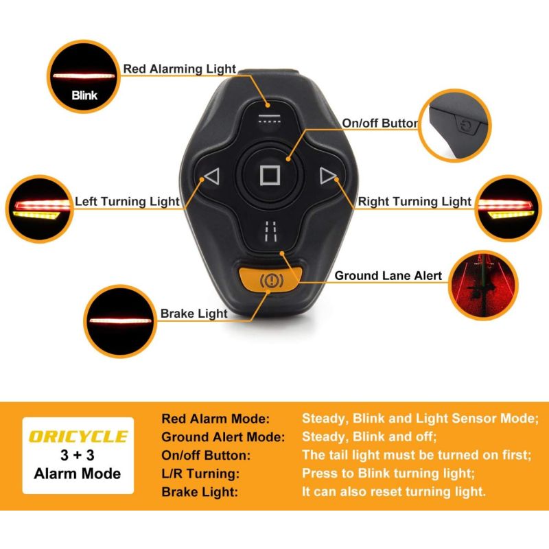 Ampulla C1 LED dobíjacie zadné svetlo na bicykel: Diaľkové ovládanie, smerovky, laserová dráha. Bezpečnosť!