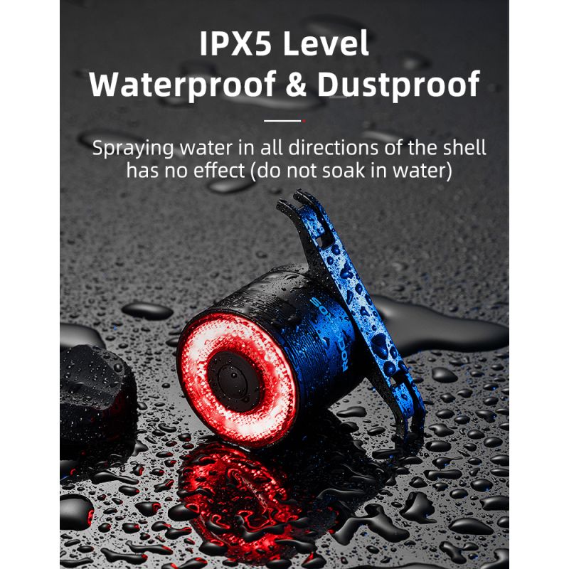 ROCKBROS Q3 zadné svetlo na MTB a nočnú cyklistiku s inteligentným senzorom brzdy a IPX6 vodotesnosťou