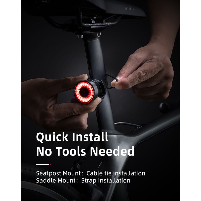 ROCKBROS Q3 zadné svetlo na MTB a nočnú cyklistiku s inteligentným senzorom brzdy a IPX6 vodotesnosťou