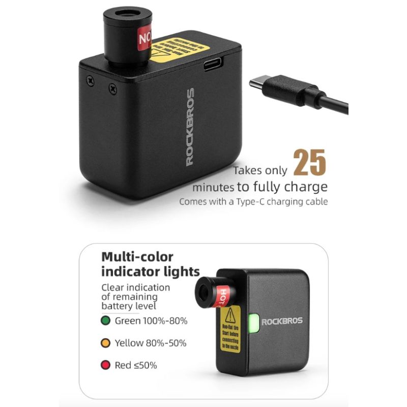 ROCKBROS prenosná mini elektrická pumpa 100PSI na auto bicykel motorku ľahká a nabíjateľná s odolným dizajnom