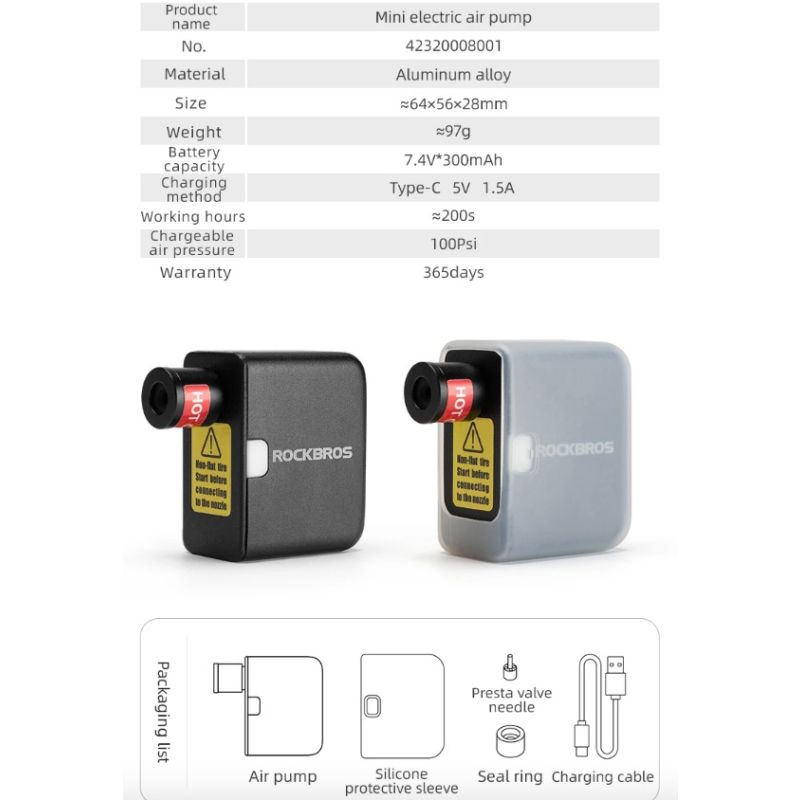 ROCKBROS prenosná mini elektrická pumpa 100PSI na auto bicykel motorku ľahká a nabíjateľná s odolným dizajnom
