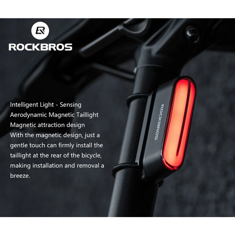ROCKBROS Magnetické zadné svetlo na bicykel, IPX6 vodeodolné, 7 režimov, Inteligentný senzor, Nočná bezpečnosť