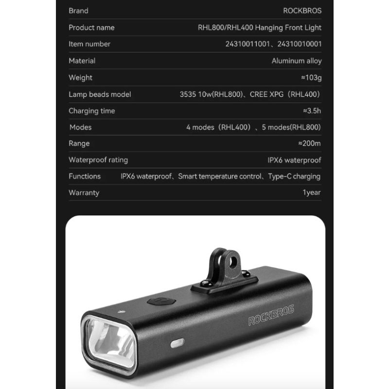 ROCKBROS RHL-1000LUMEN LED predné svetlo na bicykel dažďuvzdorné vysoká svietivosť 1000 lúmenov hliníková zliatina