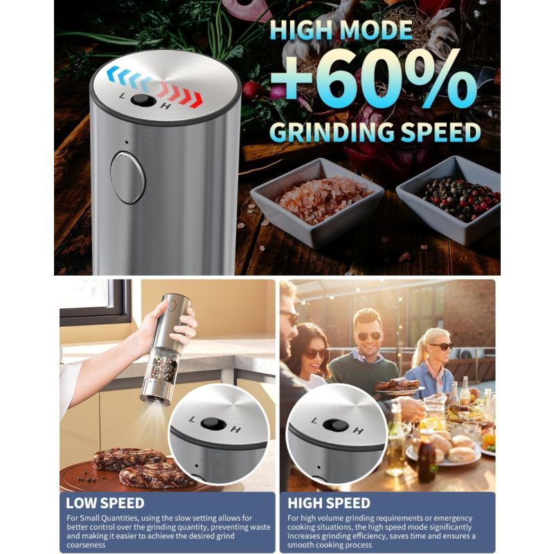 Dokonalé dochucovanie: Elektrické mlynčeky na soľ a korenie - Nabíjateľná nerez súprava, dvojrýchlostná