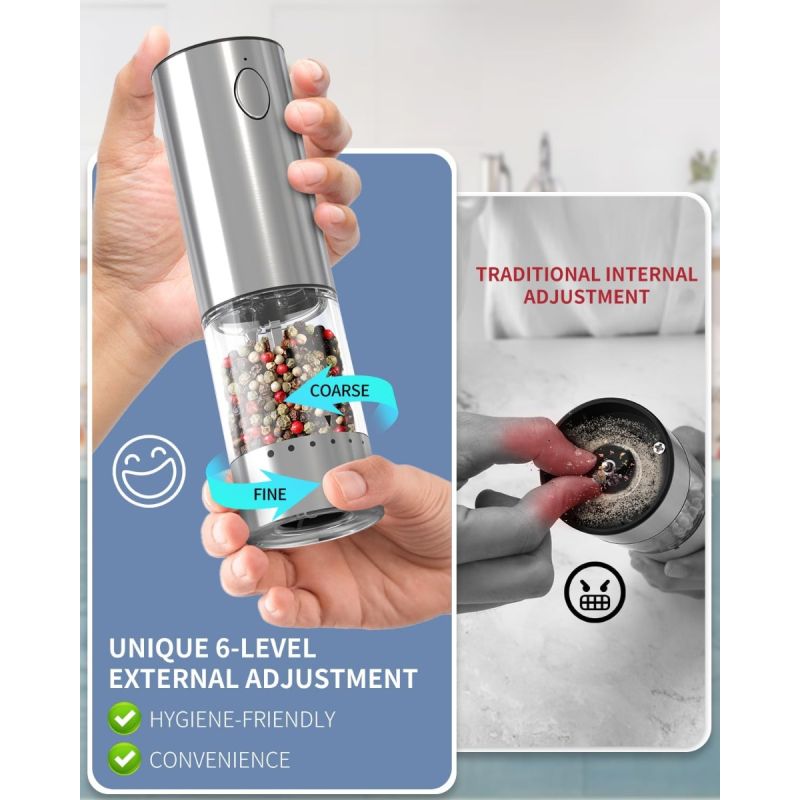 Dokonalé dochucovanie: Elektrické mlynčeky na soľ a korenie - Nabíjateľná nerez súprava, dvojrýchlostná