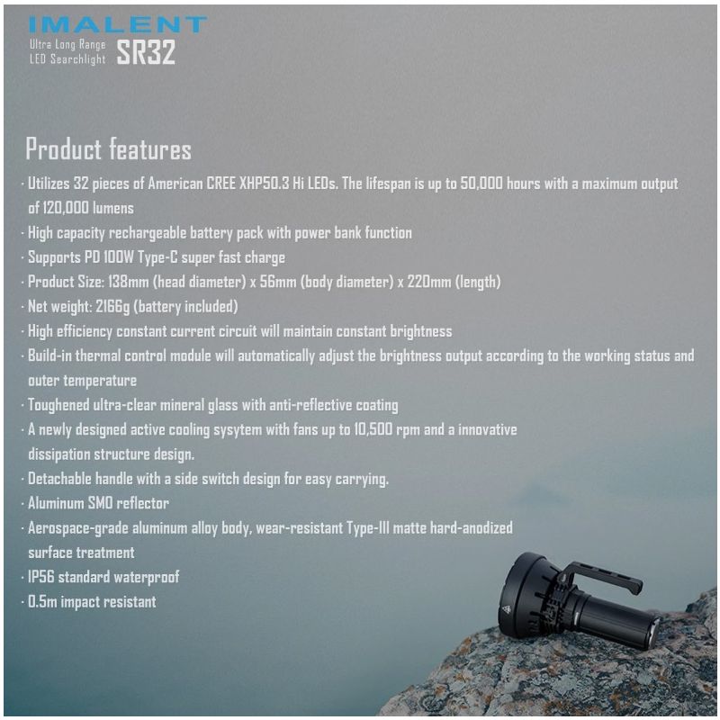 IMALENT SR32 výkonná baterka s 120000 lumenov pre vonkajšie osvetlenie a núdzový nástroj dosah 2080 metrov