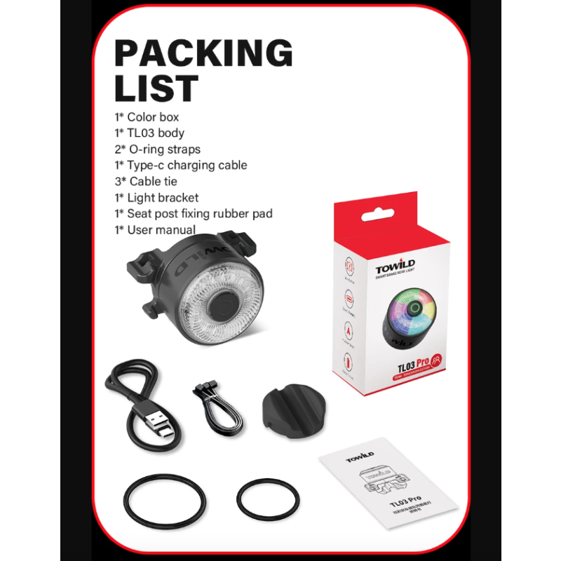 TOWILD TL03Pro LED zadné svetlo na bicykel s inteligentným brzdovým senzorom bezpečnostné cyklistické doplnky