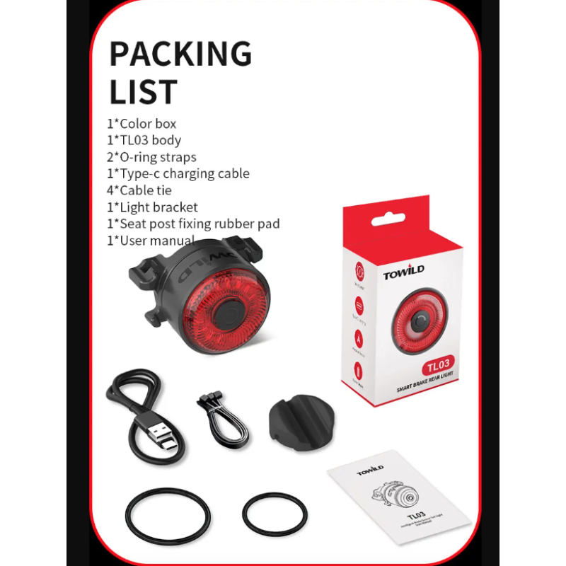 TOWILD TL03 bicykel inteligentné svetlo s automatickou detekciou bŕzd a LED zadné svetlo pre cyklistickú bezpečnosť