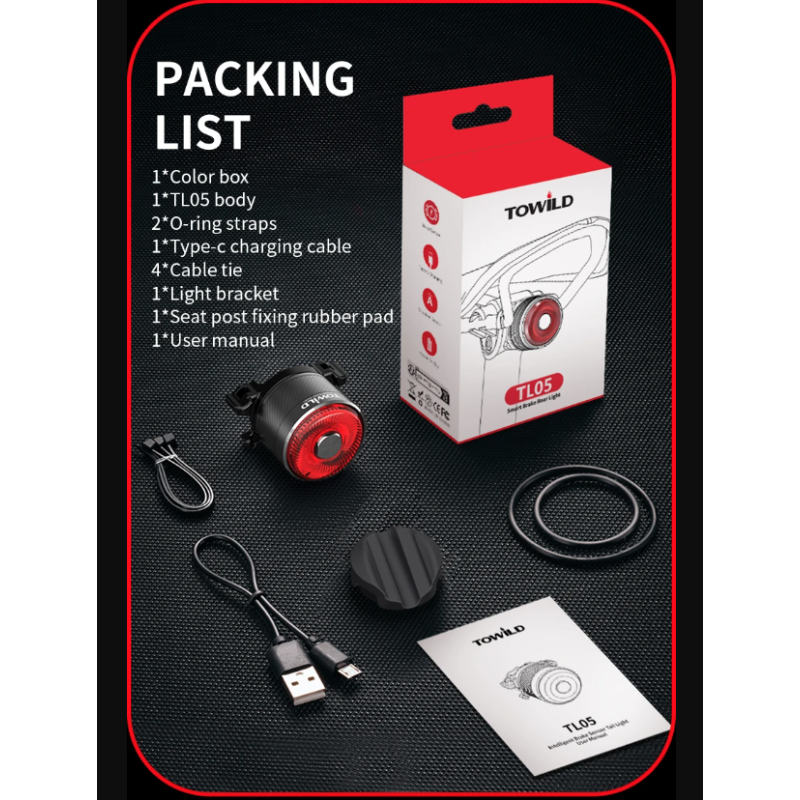 TOWILD TL05 LED cyklistické svetlo s inteligentným snímaním bŕzd USB nabíjanie IPX6 vodotesné pre bezpečnosť