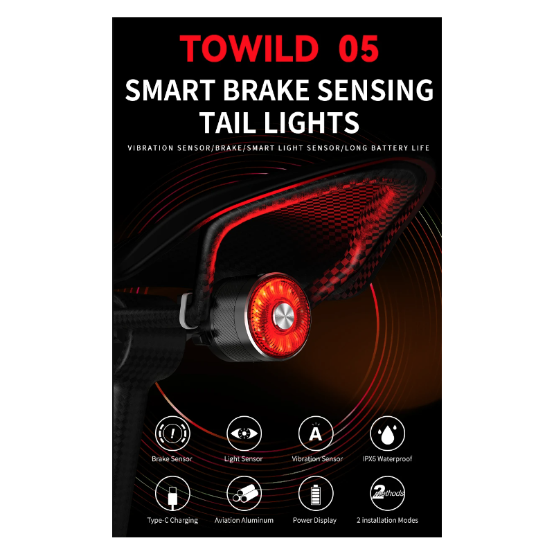 TOWILD TL05 LED cyklistické svetlo s inteligentným snímaním bŕzd USB nabíjanie IPX6 vodotesné pre bezpečnosť