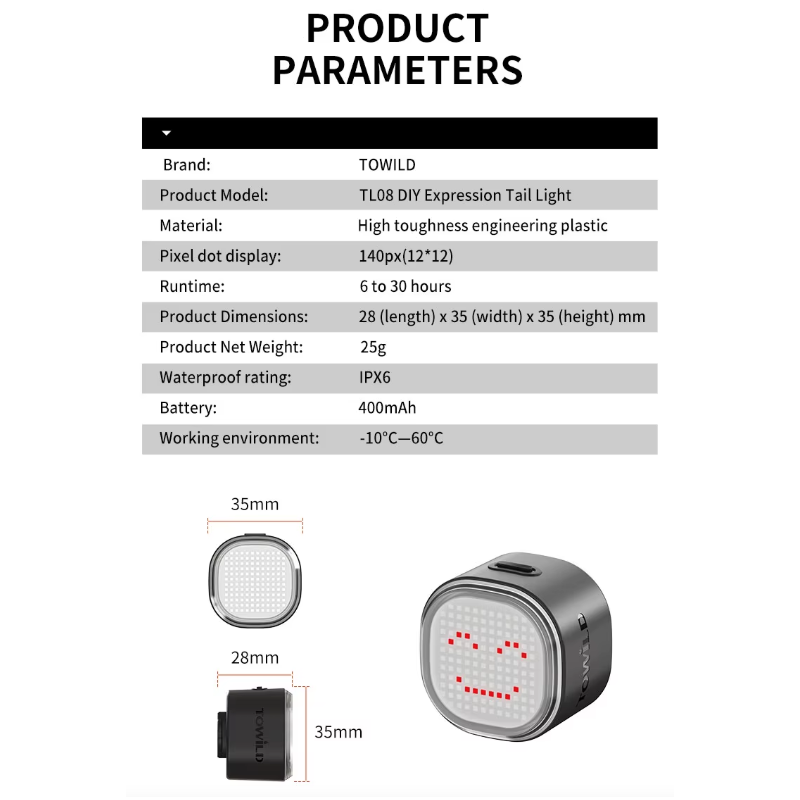 TOWILD TL08 Plnofarebné Zadné Svetlo na Bicykel | Prispôsobiteľné Vzory | Brzdové Svetlo | USB-C | IPX6 pre Bezpečnosť