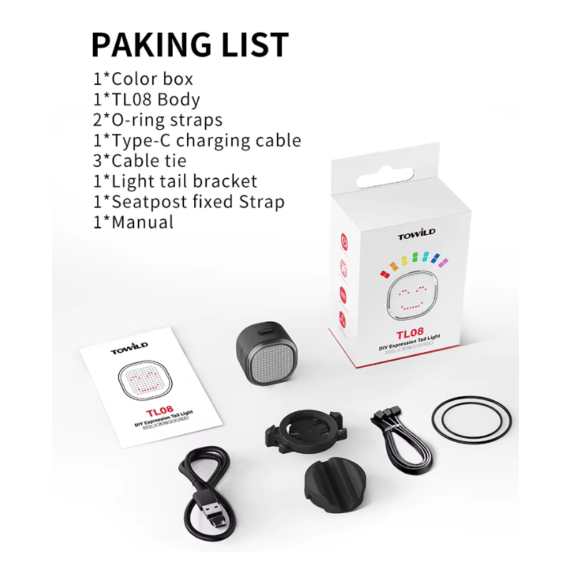 TOWILD TL08 Plnofarebné Zadné Svetlo na Bicykel | Prispôsobiteľné Vzory | Brzdové Svetlo | USB-C | IPX6 pre Bezpečnosť