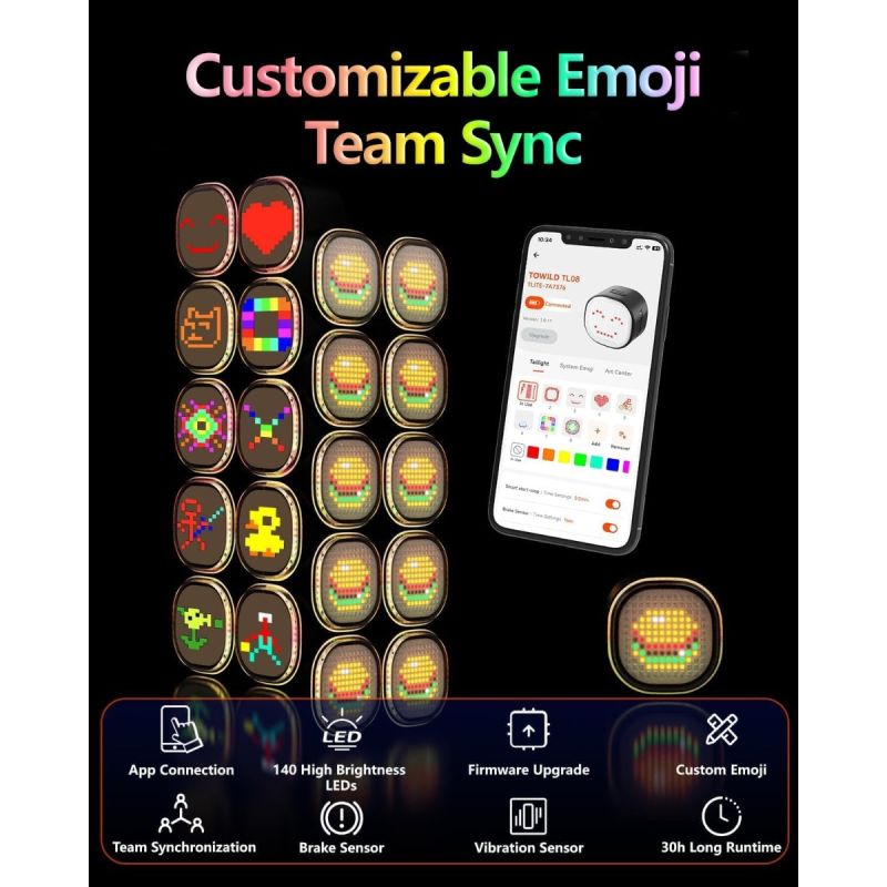 TOWILD TL08 Plnofarebné Zadné Svetlo na Bicykel | Prispôsobiteľné Vzory | Brzdové Svetlo | USB-C | IPX6 pre Bezpečnosť
