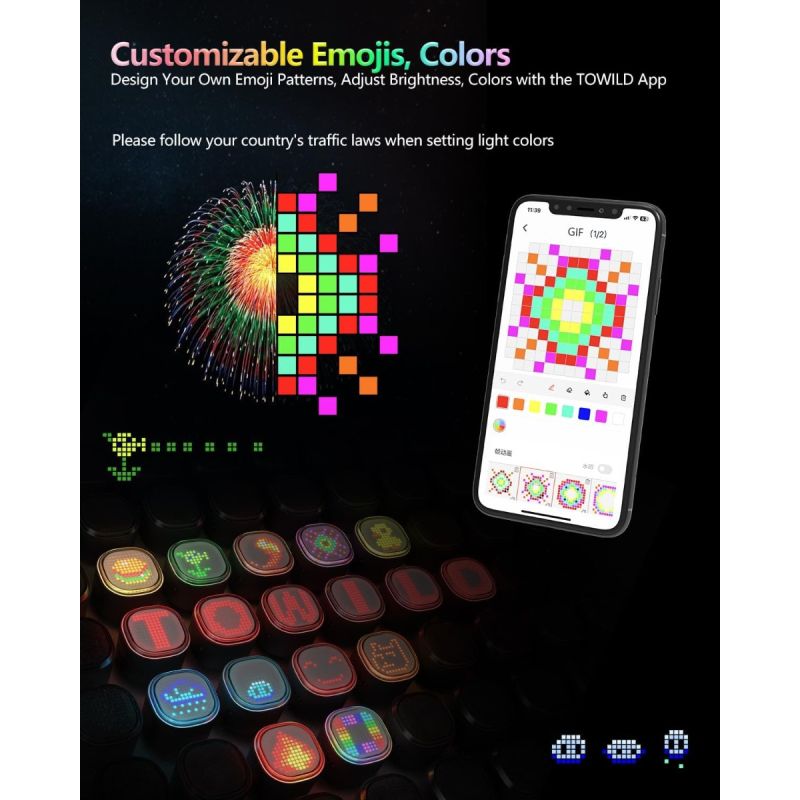 TOWILD TL08 Plnofarebné Zadné Svetlo na Bicykel | Prispôsobiteľné Vzory | Brzdové Svetlo | USB-C | IPX6 pre Bezpečnosť