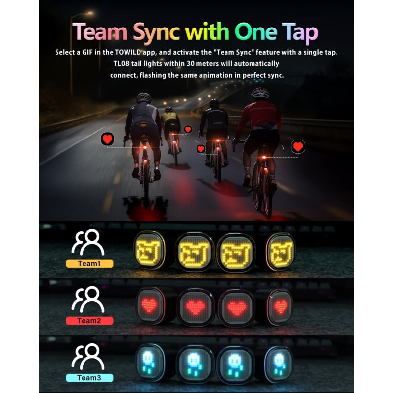 TOWILD TL08 Plnofarebné Zadné Svetlo na Bicykel | Prispôsobiteľné Vzory | Brzdové Svetlo | USB-C | IPX6 pre Bezpečnosť