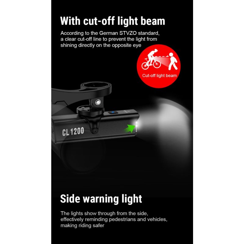 Predné svetlo TOWILD CL1200 1200LM LED USB dobíjacie vodotesné cyklistické príslušenstvo pre nočné jazdenie
