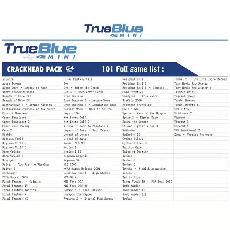 True Blue Mini Crackhead Pack 32G Fight Pack PS ONE MINI herná knižnica nostalgia jednoduchá inštalácia