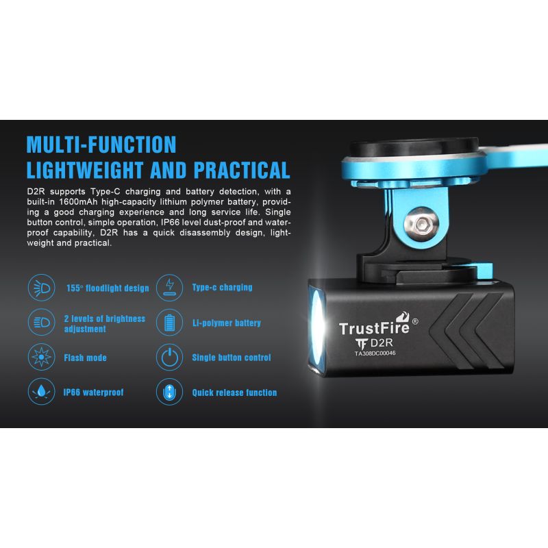 TrustFire D2R ľahké cyklistické svetlo 450LM Typ-C dobíjacie vodotesné pre mestskú a horskú cyklistiku