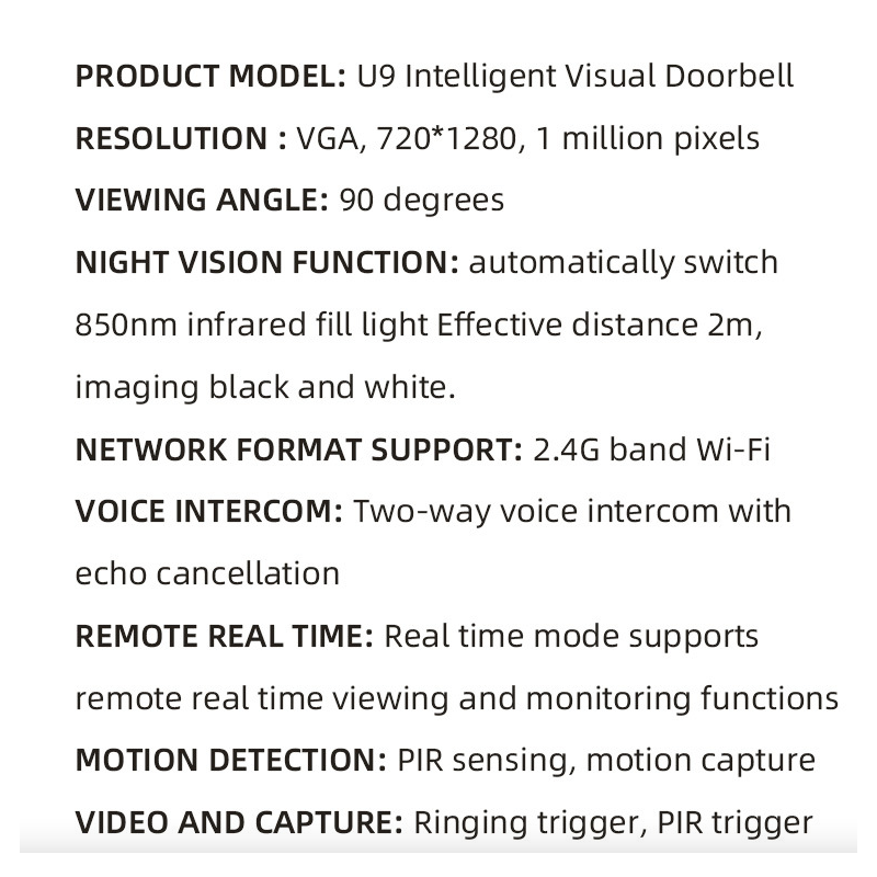 U9 Bezdrôtový Video Zvonček| Solárny HD Domáci Monitor s IP65 | Hlasný Zvonček WiFi pre Bezpečnosť