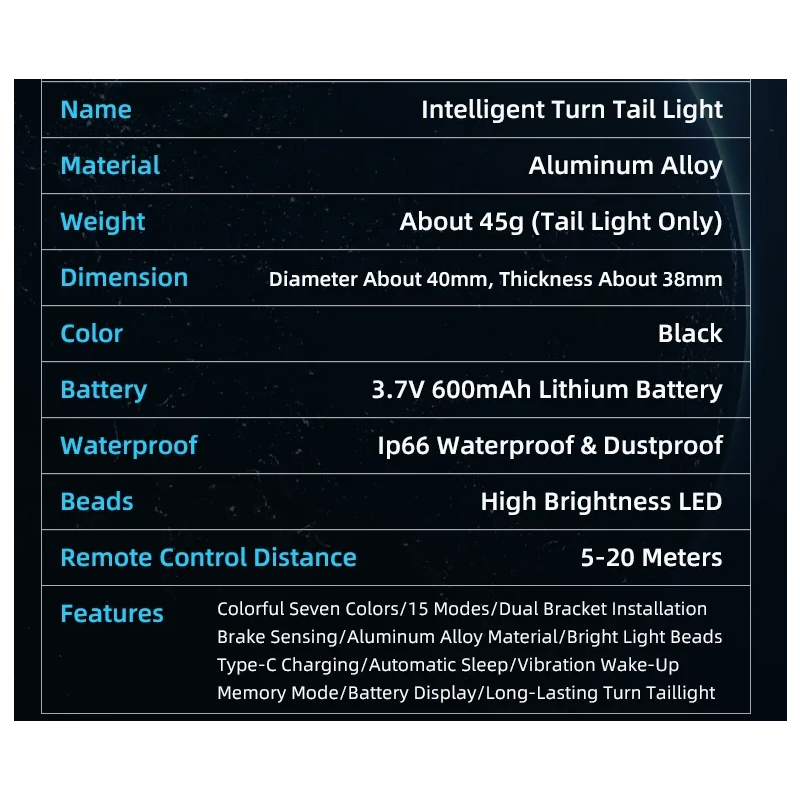 Všestranné zadné svetlo na bicykel farebné blikanie nabíjateľné inteligentné brzdové svetlo s diaľkovým ovládaním