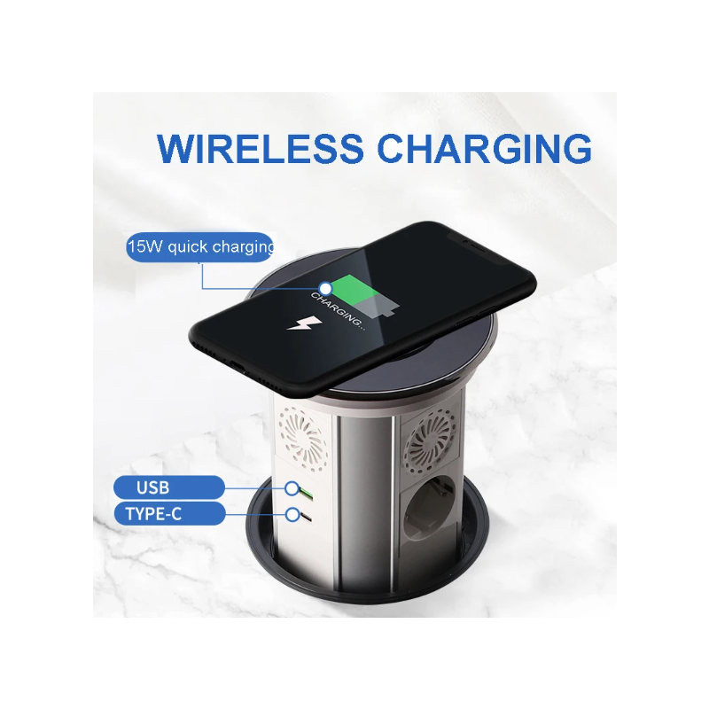 VENSTPOW Elektrické zdvíhacie zásuvky s USB bezdrôtovým nabíjaním Skrytá stolová zásuvka Štandard EU zásuvka